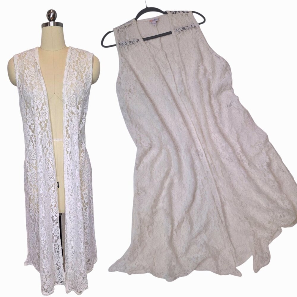 LuLaRoe Joy Vest Large Lace Off-White Stretch Longline Layering Duster Boho